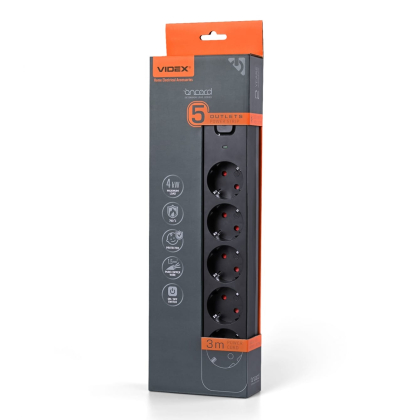 Мережевий подовжувач VIDEX ONCORD з/з 5п 3м (3x1.5мм) з кнопкою Black, Videx, 27690