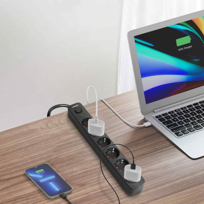 Мережевий подовжувач VIDEX ONCORD з/з 6п 3м (3x1.5мм) з кнопкою Black, Videx, 27692