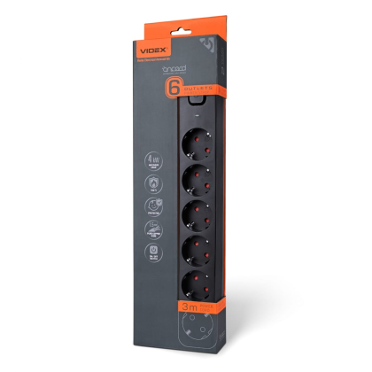 Мережевий подовжувач VIDEX ONCORD з/з 6п 3м (3x1.5мм) з кнопкою Black, Videx, 27692