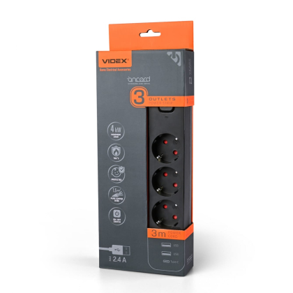 Мережевий подовжувач VIDEX ONCORD з/з 3п 3м (3x1.5мм) 2.4А 2USB+USB-C з кнопкою Black, Videx, 27694