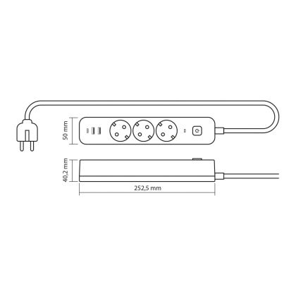 Мережевий подовжувач VIDEX ONCORD з/з 3п 3м (3x1.5мм) 2.4А 2USB+USB-C з кнопкою Black, Videx, 27694
