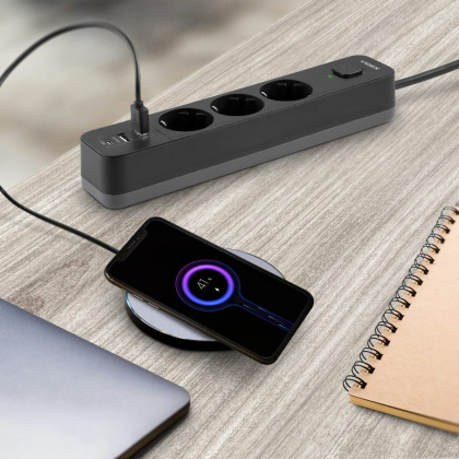 Мережевий подовжувач VIDEX ONCORD з/з 3п 3м (3x1.5мм) 2.4А 2USB+USB-C з кнопкою Black, Videx, 27694