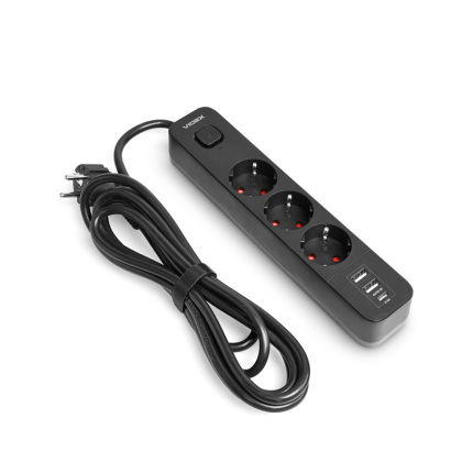 Мережевий подовжувач VIDEX ONCORD з/з 3п 3м (3x1.5мм) 2.4А 2USB+USB-C з кнопкою Black, Videx, 27694