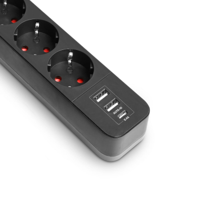 Мережевий подовжувач VIDEX ONCORD з/з 3п 3м (3x1.5мм) 2.4А 2USB+USB-C з кнопкою Black, Videx, 27694