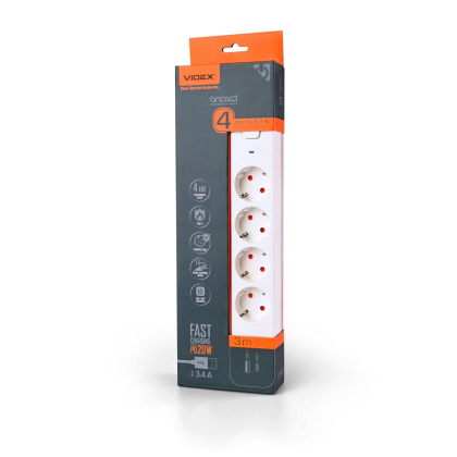Мережевий подовжувач VIDEX ONCORD з/з 4п 3м (3x1.5мм) 3.4А USB(QC3.0) +USB-C(PD20W) з кнопкою White, Videx, 27695