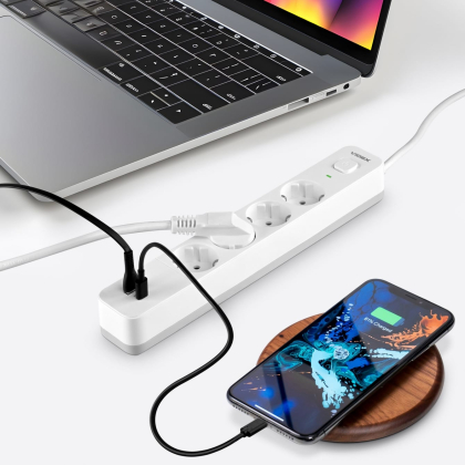 Мережевий подовжувач VIDEX ONCORD з/з 4п 3м (3x1.5мм) 3.4А USB(QC3.0) +USB-C(PD20W) з кнопкою White, Videx, 27695