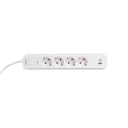 Мережевий подовжувач VIDEX ONCORD з/з 4п 3м (3x1.5мм) 3.4А USB(QC3.0) +USB-C(PD20W) з кнопкою White, Videx, 27695