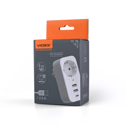 Мережевий адаптер VIDEX ONCORD з/з 1п 2.4A 2USB+USB-C White, Videx, 27697