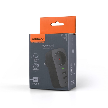 Мережевий адаптер VIDEX ONCORD з/з 1п 2.4A 2USB+USB-C Black, Videx, 27698