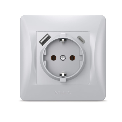 Розетка одинарна із заземленням з USB+USB-C срібний шовк VIDEX BINERA, Videx, 27864
