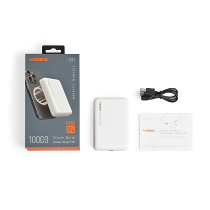 Повербанк з бездротовою зарядкою 10000mAh VIDEX VPB-331 PD20W White, Videx, 28294