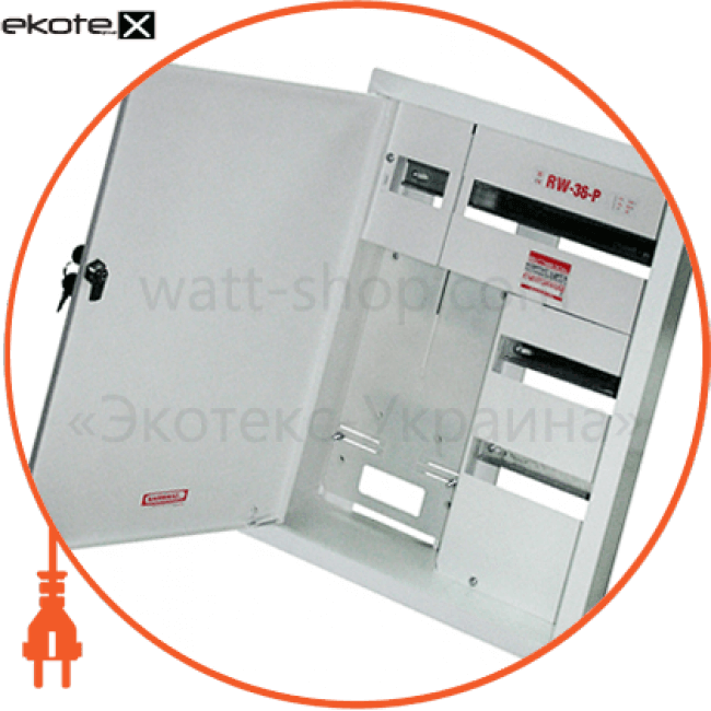 Шафа розподільна e.mbox.RW-36-P-Z/O металічна, що вбудовується, під 3-ф. лічильник, 36 мод., з замком, з віконцем, 560х410х185 мм, Enext, RW-36-P-Z/O
