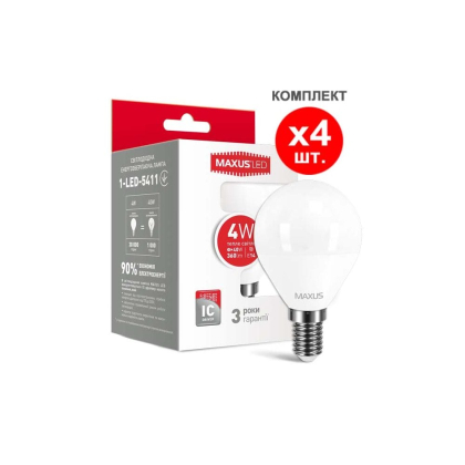 Набір LED ламп MAXUS G45 4W м'яке світло E14 (по 4 шт.) (4-LED-5411), Maxus, 4-LED-5411