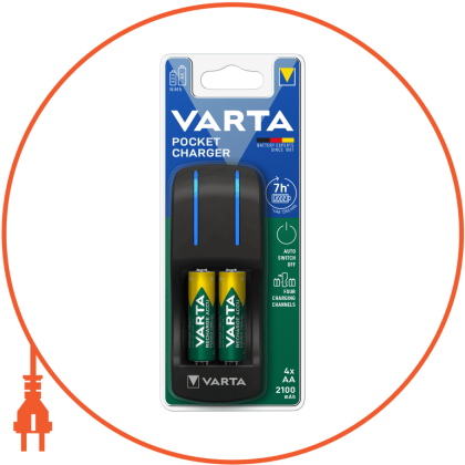 Зарядний пристрій VARTA Pocket Charger + 4 шт АА 2100 mAh, Varta, 57642101451