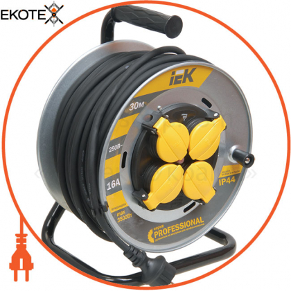 Котушка УК30 на мет. з термозахистом 4 місця 2P+PE/30м КГ 3х1,5мм2 IP44 PROFESSIONAL IEK, IEK, WKP16-16-04-30-44
