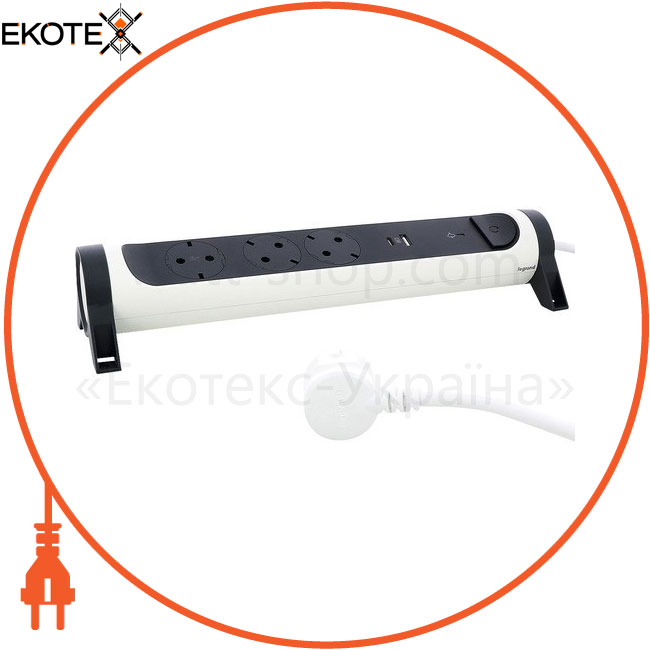 Подовжувач ПРЕМІУМ 3х2К+З розетки 16 А з USB A+C, із ПЗІП, з кабелем 1,5 м, колір Білий/Чорний, Legrand, 694508
