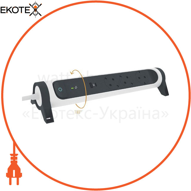 Подовжувач ПРЕМІУМ 5х2К+З розеток 16 А з USB A+C, із ПЗІП, з кабелем 1,5 м, колір Білий/Чорний, Legrand, 694510