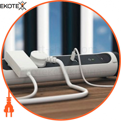Подовжувач ПРЕМІУМ 5х2К+З розеток 16 А з USB A+C, із ПЗІП, з кабелем 1,5 м, колір Білий/Чорний, Legrand, 694510