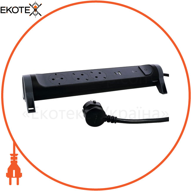 Подовжувач ПРЕМІУМ 3х2К+З розетки 16 А з USB A+C, із ПЗІП, з кабелем 1,5 м, колір Чорний, Legrand, 694512
