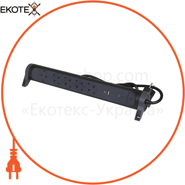 Подовжувач ПРЕМІУМ 5х2К+З розеток 16 А з USB A+C, із ПЗІП, з кабелем 1,5 м, колір Чорний, Legrand, 694514