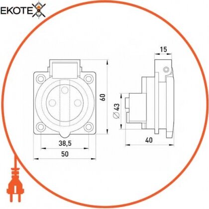 Силова розетка стаціонарна вбудована 2Р+Z, 250В, 16А IP44, Enext, 75