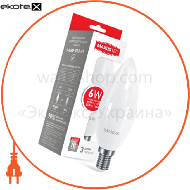 Лампа світлодіодна C37 CL-F 6W 3000K 220V E14, Maxus, 1-LED-533-01