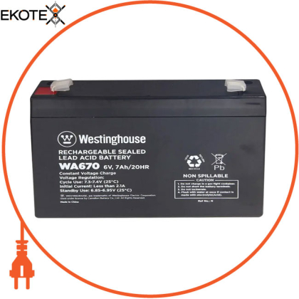 Батарея аккумуляторная свинцово-кислотная Westinghouse 6V, 7Ah, terminal F2, 1шт