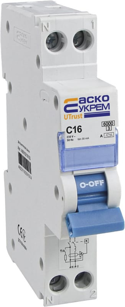 Пристрій захисного відключення з захистом від надструмів UTrust 1P+N (18 mm)  16А C 30mА   A, АСКО-УКРЕМ, A0010210153