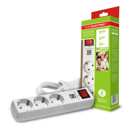 EUROELECTRIC Мережевий фільтр-подовжувач Х3, 10А, 2М з USB, Type-А*2, Euroelectric, EE-103USB-2M