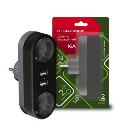 EUROELECTRIC Мережевий двійник із заземленням X2, 16A, 2хUSB чорний, Euroelectric, EE-2/2USB-16A(black)
