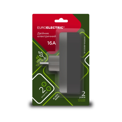 EUROELECTRIC Мережевий двійник із заземленням X2, 16A, 2хUSB чорний, Euroelectric, EE-2/2USB-16A(black)