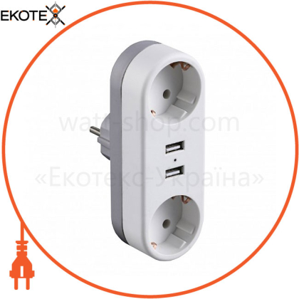 EUROELECTRIC Сетевой двойник с заземлением X2, 16A, 2хUSB (100)