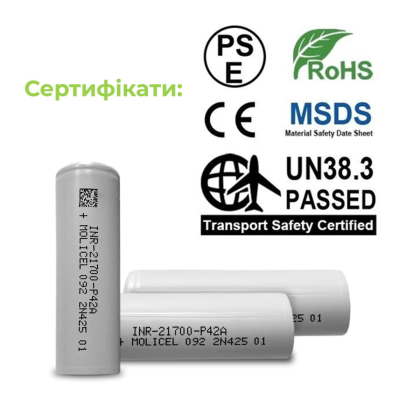 Акумуляторна батарея Molicel INR21700-P42A 3.7V 4200mAh, Ultracell, INR21700-P42A
