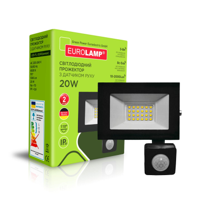 EUROLAMP LED Прожектор чорний з датчиком руху 20W 6500K, Eurolamp, LED-FL-20/65(sensor)
