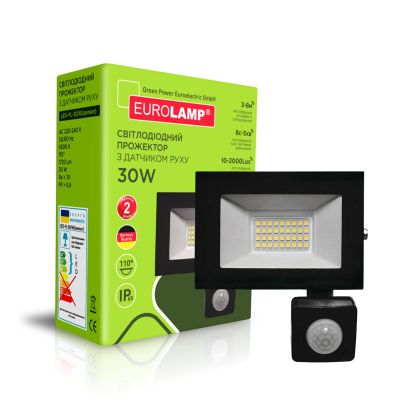EUROLAMP LED Прожектор чорний з датчиком руху 30W 6500K, Eurolamp, LED-FL-30/65(sensor)
