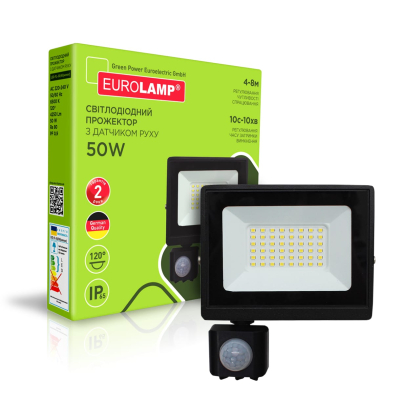 EUROLAMP LED Прожектор чорний з датчиком руху 50W 6500K, Eurolamp, LED-FL-50/65(sensor)