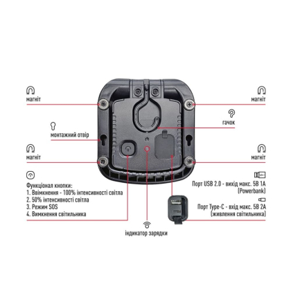 Портативний прожектор з вбудованим акумулятором і функцією Power Bank MAX-8W-BLK-EM MAXUS Portable Emergency LED Light 8W 4100K IP65 5000mAh BLACK, Maxus, MAX-8W-BLK-EM