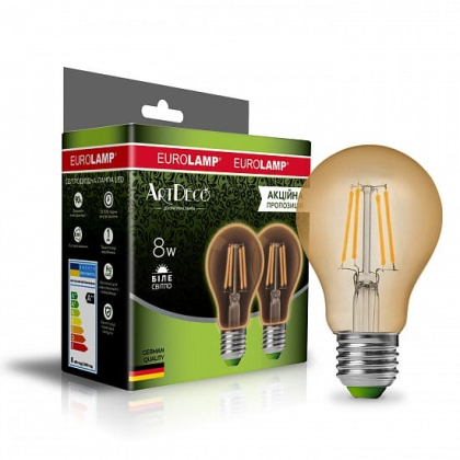 LED Лампа EUROLAMP філамент A60 8W-E27-4000K “1+1”, Eurolamp, MLP-LED-A60-08274(Amber)new