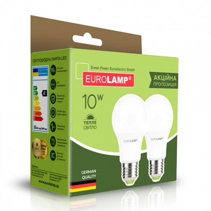 Промо-набір LED Лампи EUROLAMP A60-10W-E27-3000K “1+1”, Eurolamp, MLP-LED-A60-10272(E)