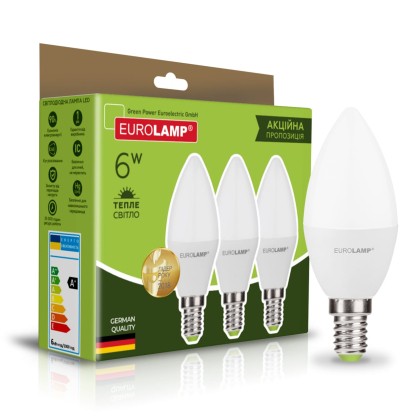 Промо-набір LED Лампи “Свічка” EUROLAMP 6W-E14-3000K “2+1”, Eurolamp, MLP-LED-CL-06143(3)