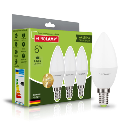 Промо-набір LED Лампа EUROLAMP “Свічка” 6W-E14-4000K “2+1”, Eurolamp, MLP-LED-CL-06144(3)