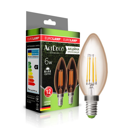LED Лампа EUROLAMP філамент “Свічка” 6W-E14-4000K “1+1”, Eurolamp, MLP-LED-CL-06144(Amber)