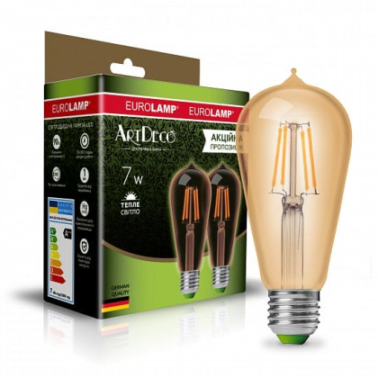 LED Лампа EUROLAMP філамент ST64-7W-E27-2700K “1+1”, Eurolamp, MLP-LED-ST64-07273(Amber)