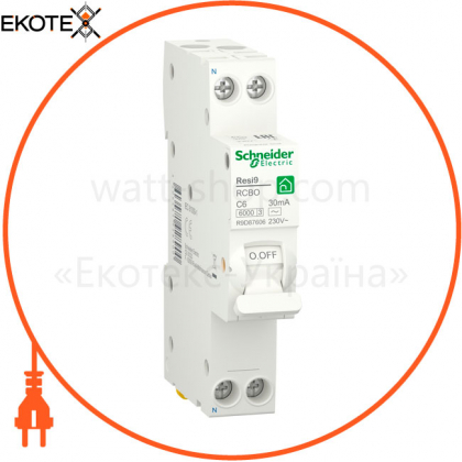Диф. автомат RESI9 6kA 1M 1P + N 6A C 30mA АC, Schneider, R9D87606