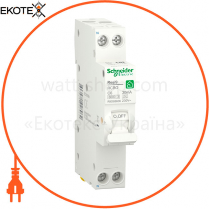 Диф. автомат RESI9 6kA 1M 1P + N 6A C 30mA А, Schneider, R9D88606