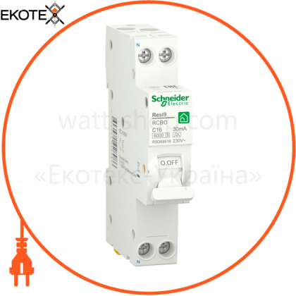 Диф. автомат RESI9 6kA 1M 1P + N 16A C 30mA А, Schneider, R9D88616