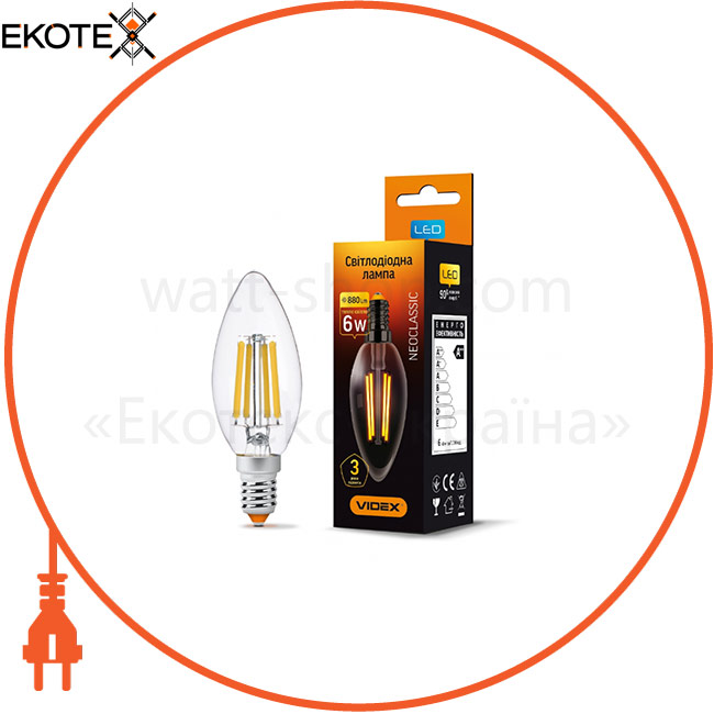 LED лампа VIDEX Filament C37F 6W E14 3000K 220V