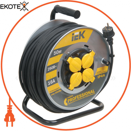 Котушка УК50 на мет. з термозахистом 4 місця 2P+PE/50м КГ 3х1,5мм2 IP44 PROFESSIONAL IEK, IEK, WKP16-16-04-50-44