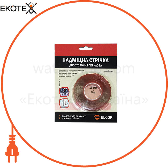 Двостороння надміцна клейка стрічка ELCOR TRA195 19мм * 5м на акриловій основі прозора, Elcor, 40206800