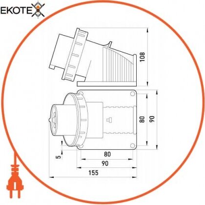 Силова вилка стаціонарна 3Р+N+Z, 400В, 32А,IP67, Enext, 3646-230